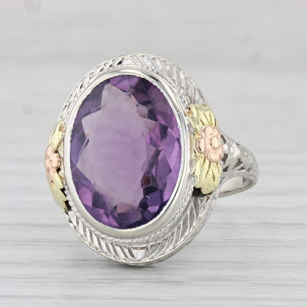 Light Gray Art Deco 7ct Amethyst Ring 14k Gold Size 6.5 Vintage Filigree Oval Solitaire