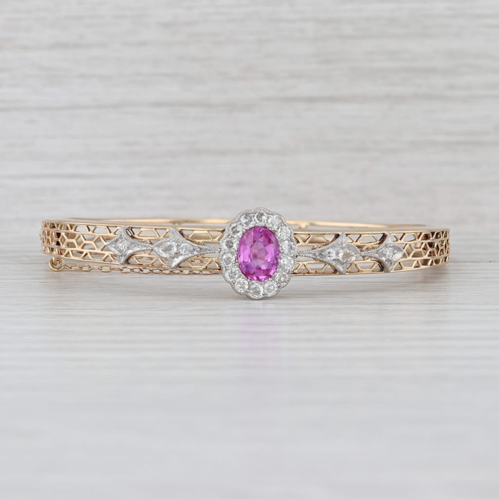 GIA Pink Lab Grown Sapphire Diamond Halo Bangle Bracelet 14k Yellow Gold 6.75"