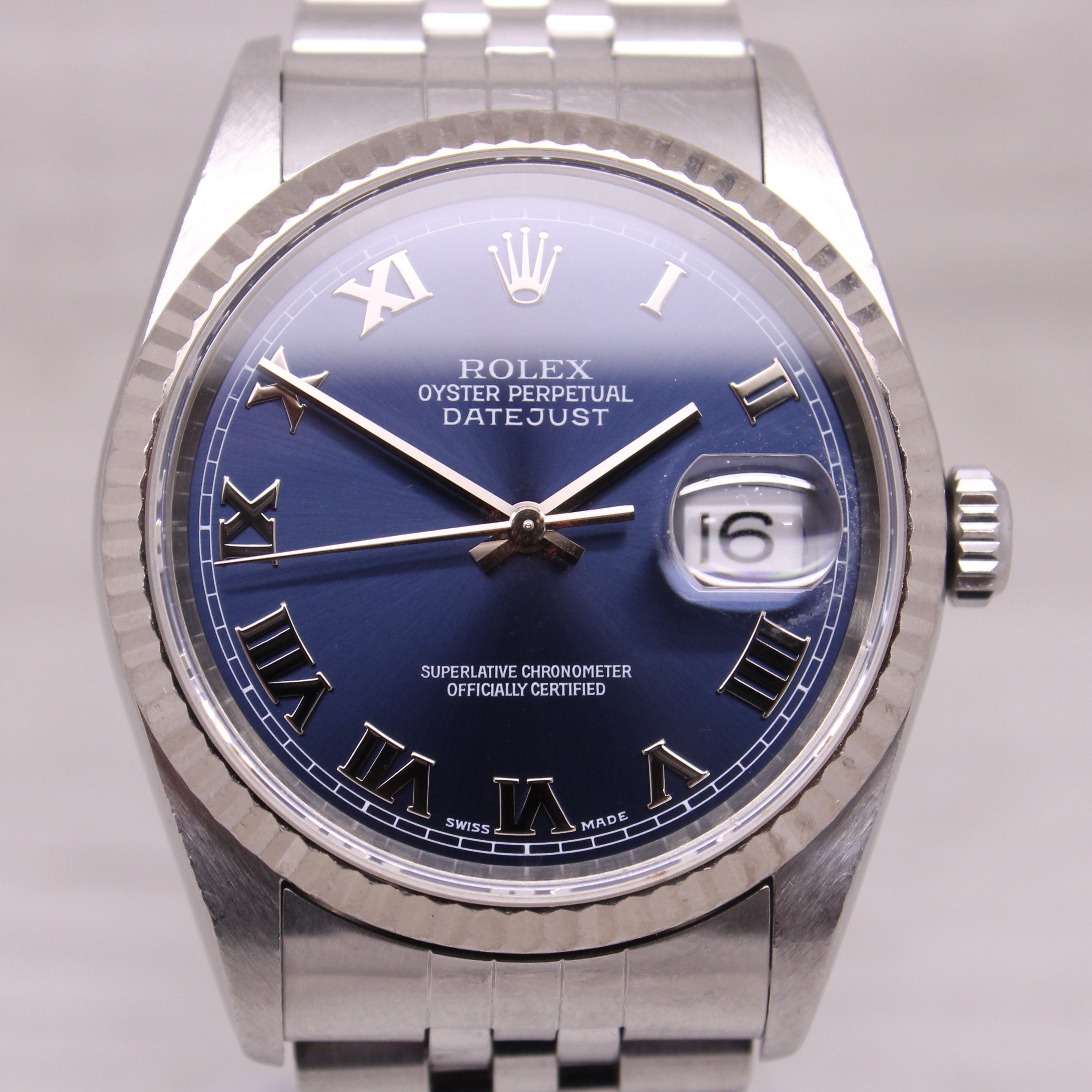 Gray 2001 2002 Rolex Datejust Blue Roman 36mm Steel Mens Automatic Watch Jubilee