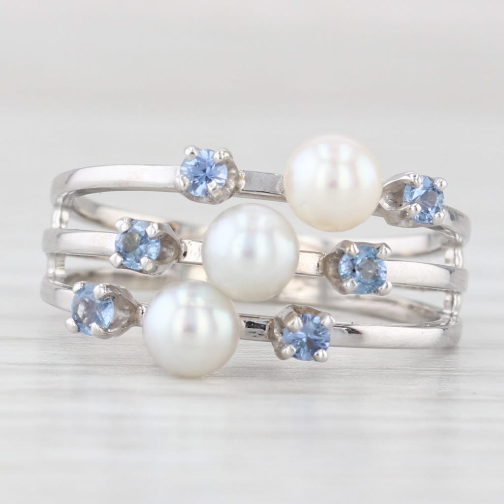 Light Gray Cultured Pearl 0.30ctw Blue Sapphire Multiband Ring 14k White Gold Size 5.75