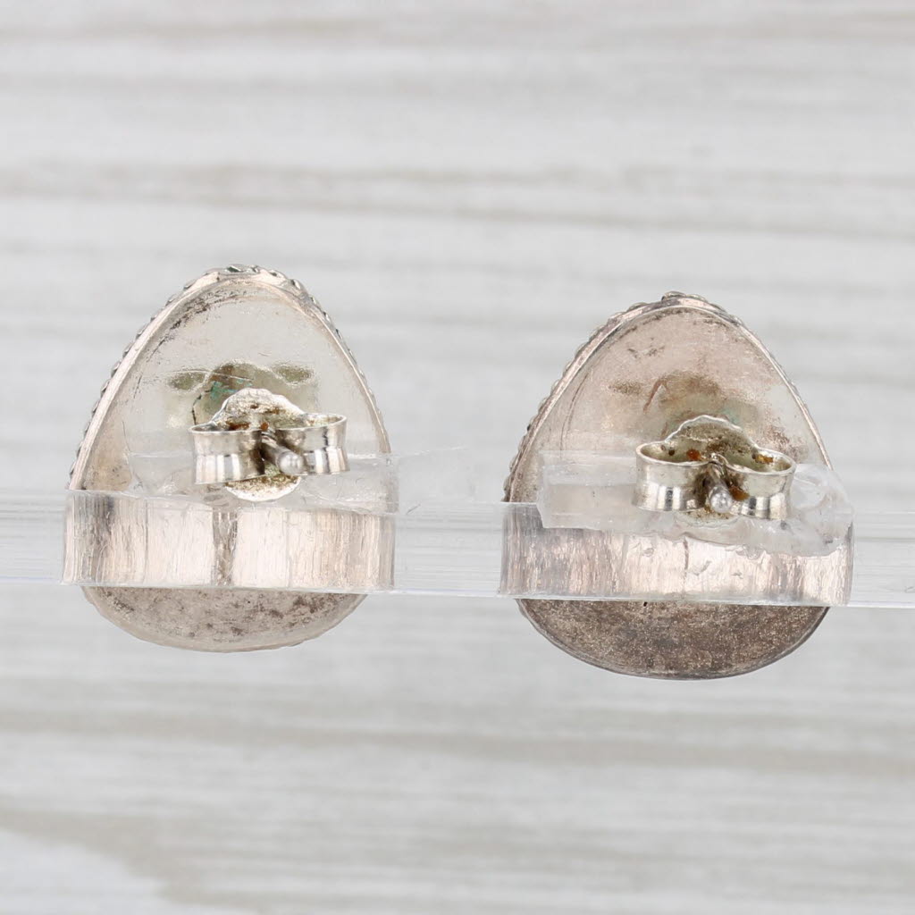 Light Gray Vintage Native Turquoise Stud Earrings Sterling Silver Pear Cabochon