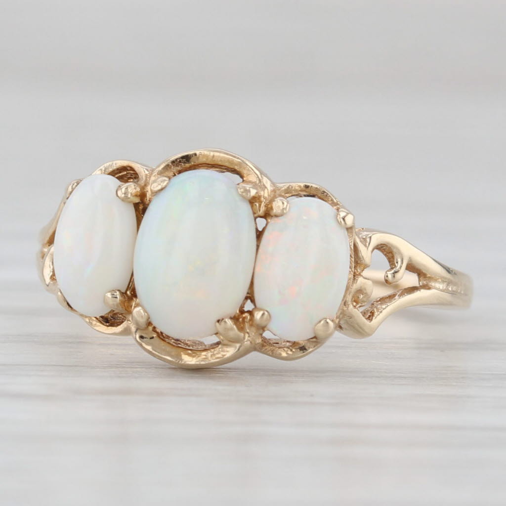 Light Gray 3-Stone Opal Ring 10k Yellow Gold Size 6.25 Oval Cabochons