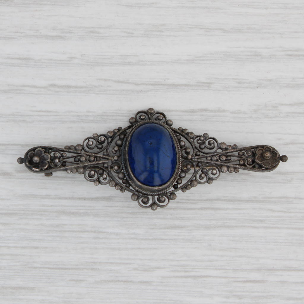 Light Gray Antique Blue Glass Filigree Pin 800 Silver Ornate Brooch