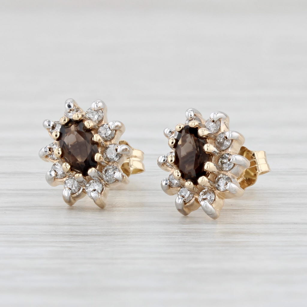 Light Gray 0.76ctw Smoky Quartz Diamond Halo Stud Earrings 14k Yellow Gold