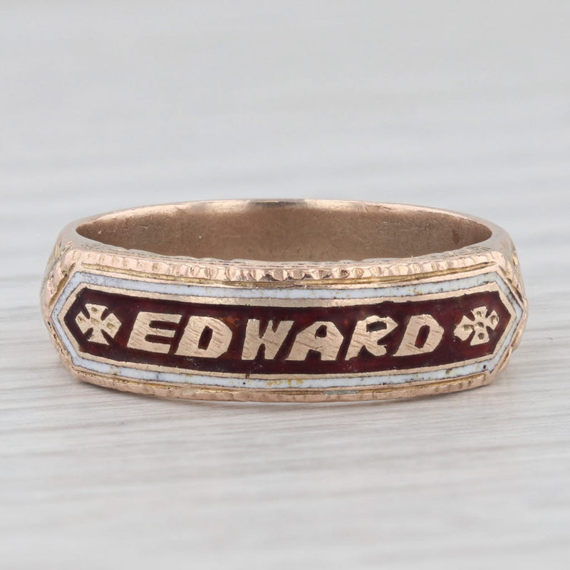 Antique Name Cigar Band Style Ring 10k Yellow Gold Enamel Size 8.75 Edward