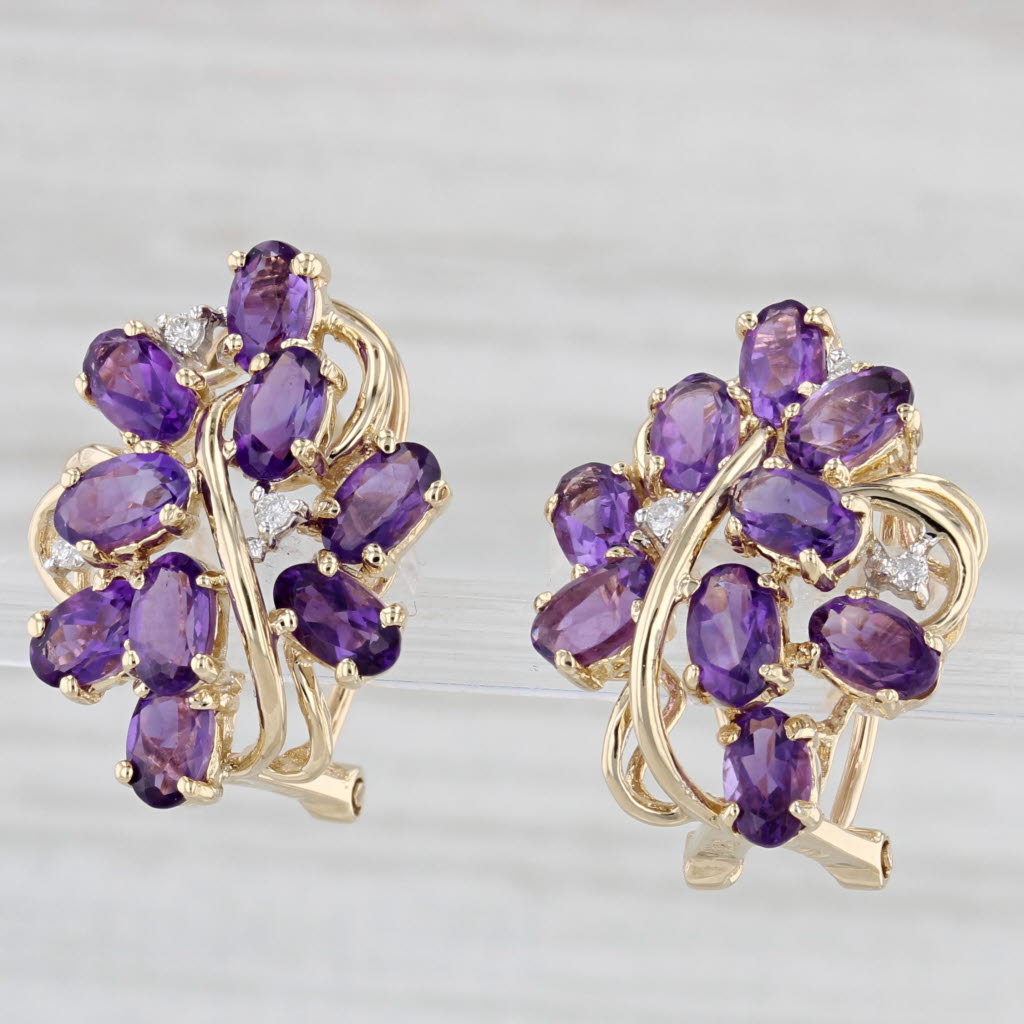 Light Gray 3.65ctw Amethyst Diamond Cluster Earrings 14k Yellow Gold Omega Back Drops