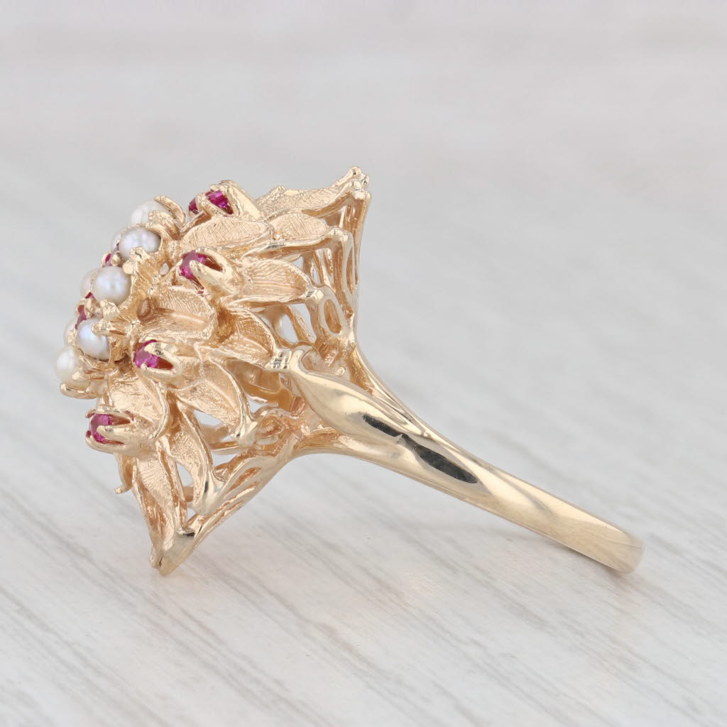 Light Gray Vintage Cultured Pearl Lab Created Ruby Flower Ring 14k Yellow Gold Cocktail