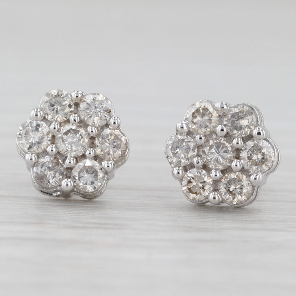 Light Gray 0.80ctw Diamond Flower Cluster Stud Earrings 10k White Gold