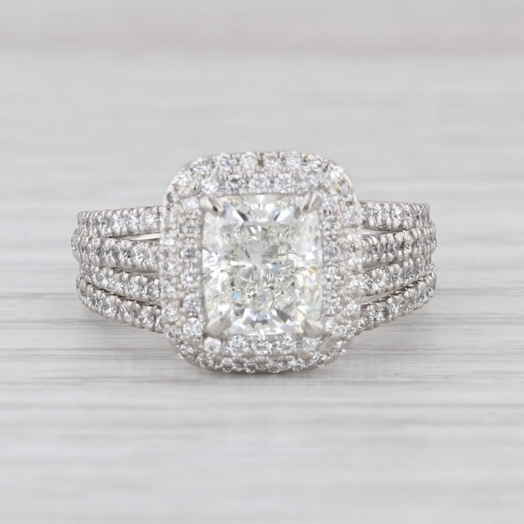 2.76ctw Cushion Diamond Halo Engagement Wedding Band Set Platinum Size 7.25 GIA