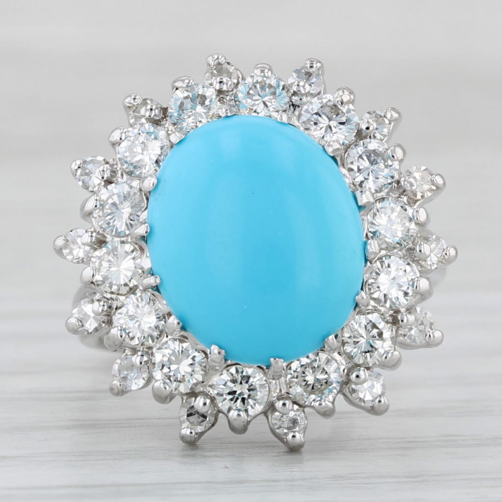 Light Gray 1.33ctw Diamond Halo Turquoise Cabochon Ring 14k White Gold Size 5.75