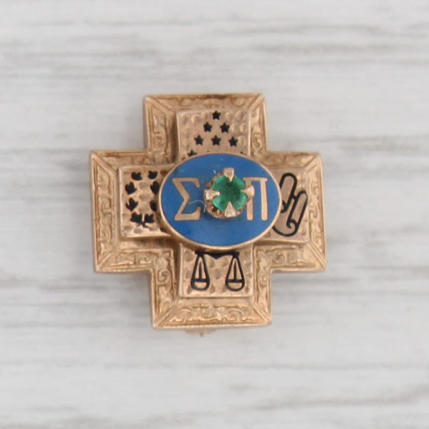 Gray Sigma Pi Cross Pin 10k Gold Emerald Enamel Vintage Fraternity Badge