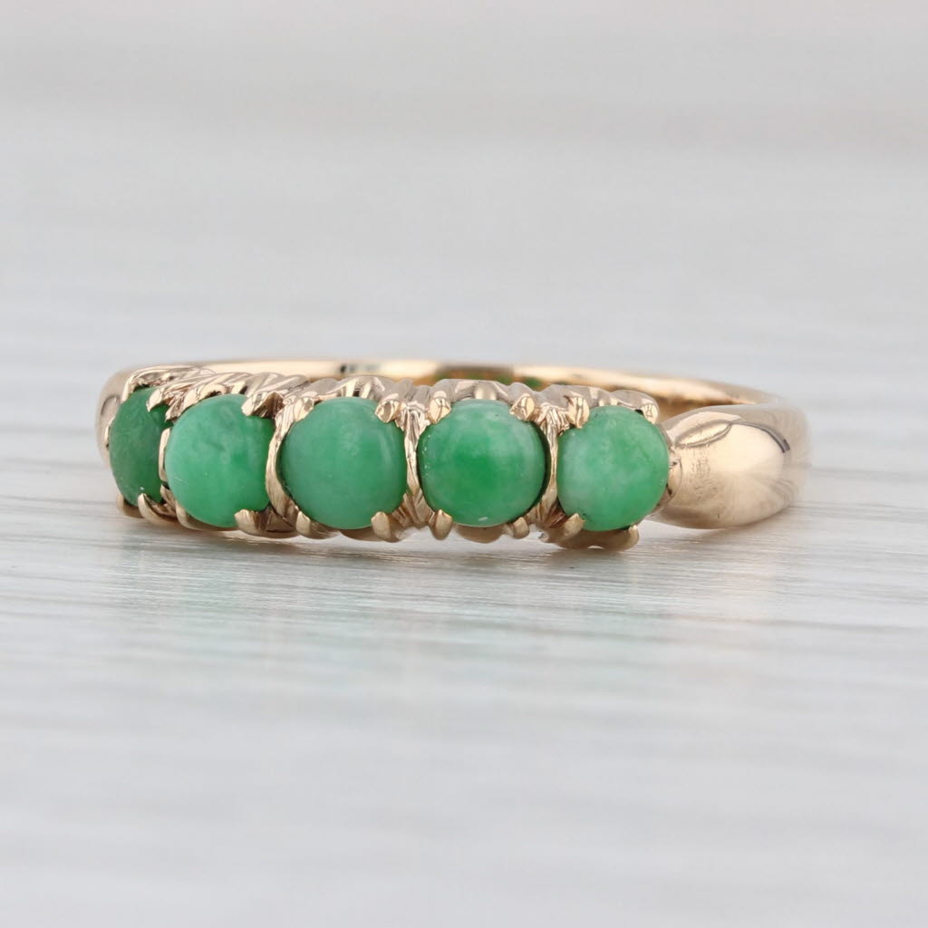 Vintage Green Jadeite Jade Ring 14k Yellow Gold Size 8 Stackable Round Cabochons