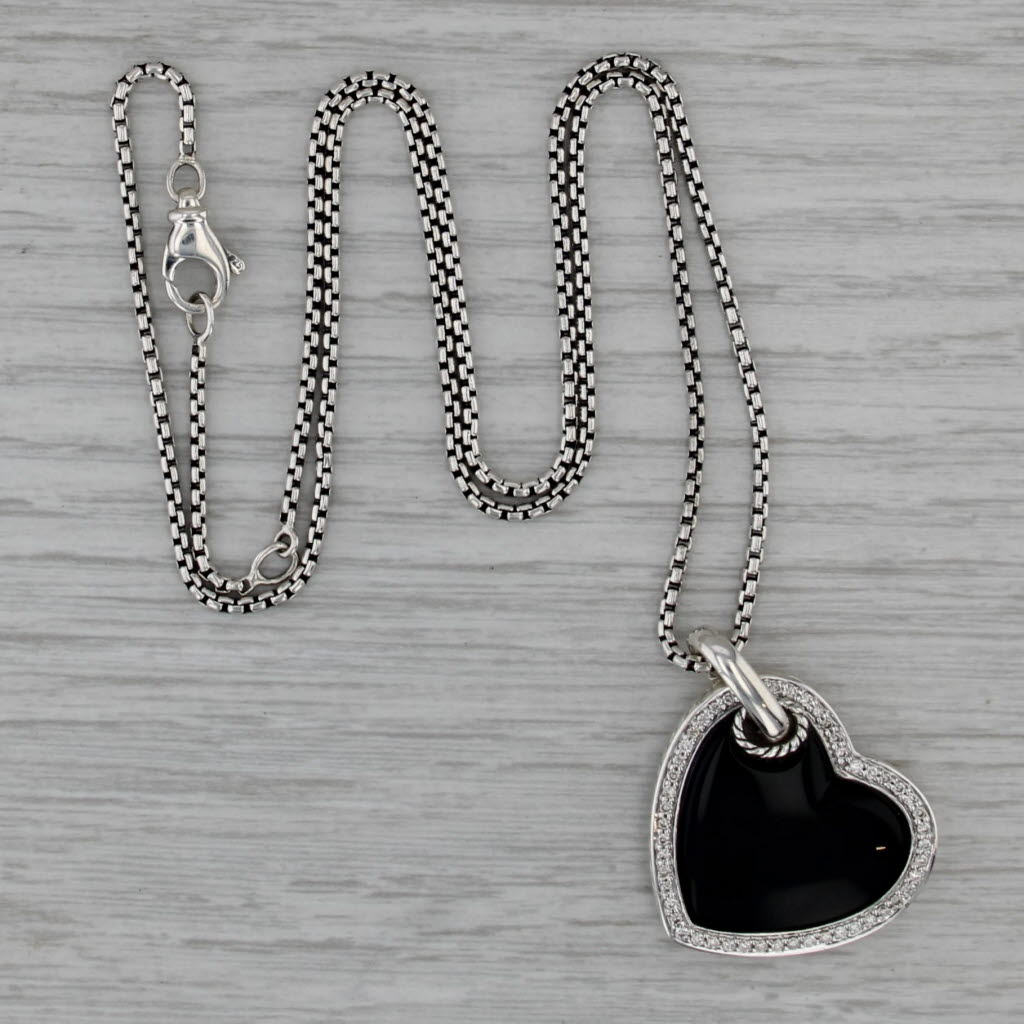 David Yurman Onyx Diamond Heart Pendant Necklace Sterling Silver Box Chain