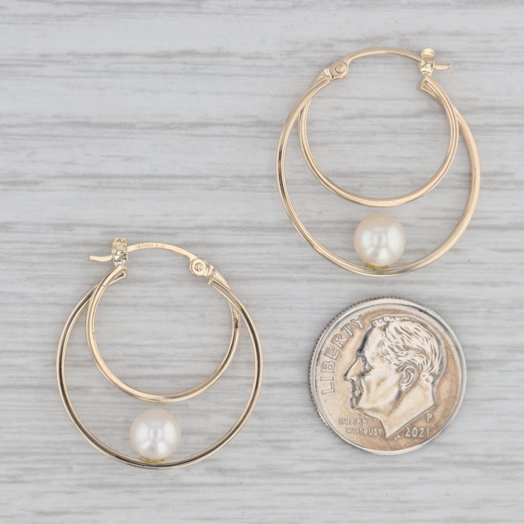 Gray Cultured Pearl Double Hoop Earrings 14k Yellow Gold Snap Top Round Hoops