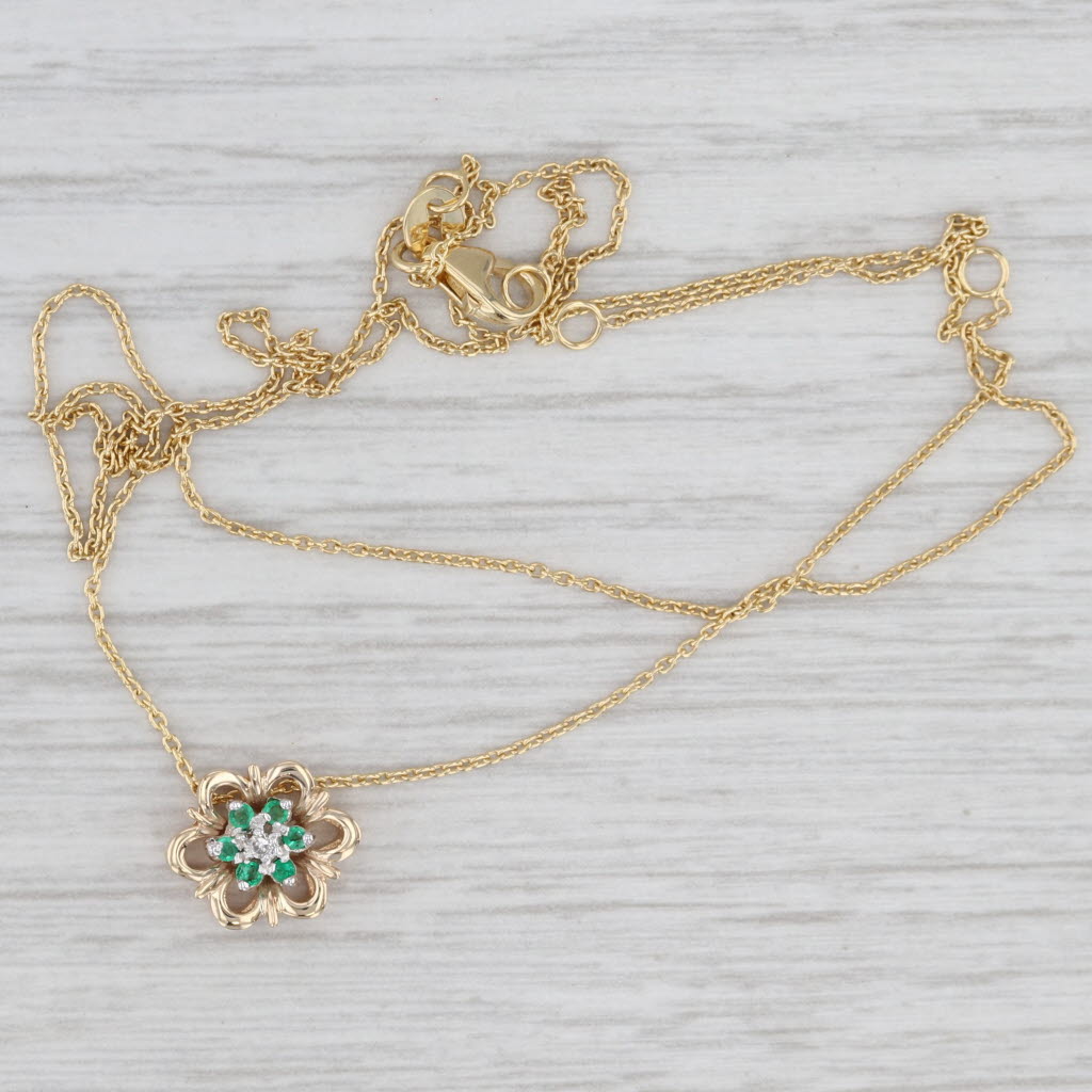 Light Gray Emerald Diamond Flower Pendant Necklace 14k Yellow Gold Adjustable Cable Chain
