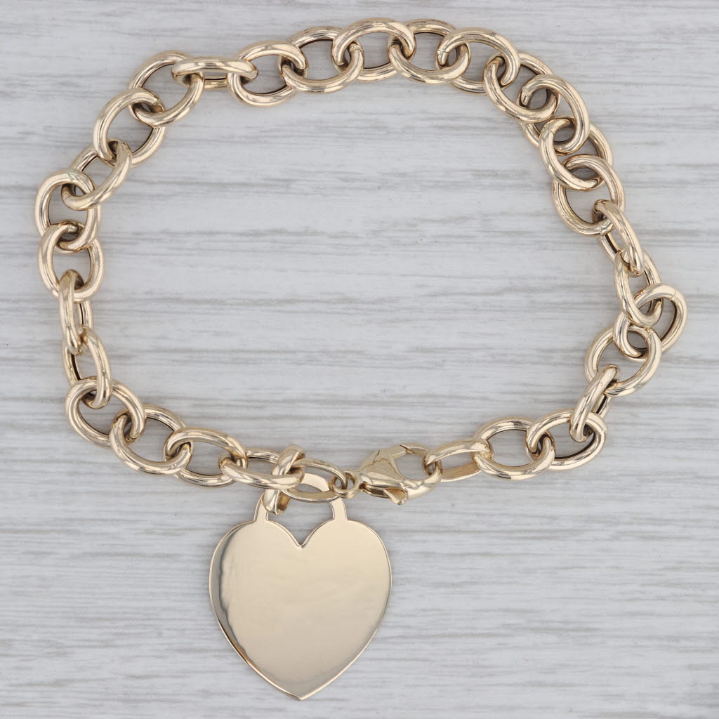 Gray Engravable Heart ID Tag Charm Bracelet 14k Yellow Gold Cable Chain 7.75"