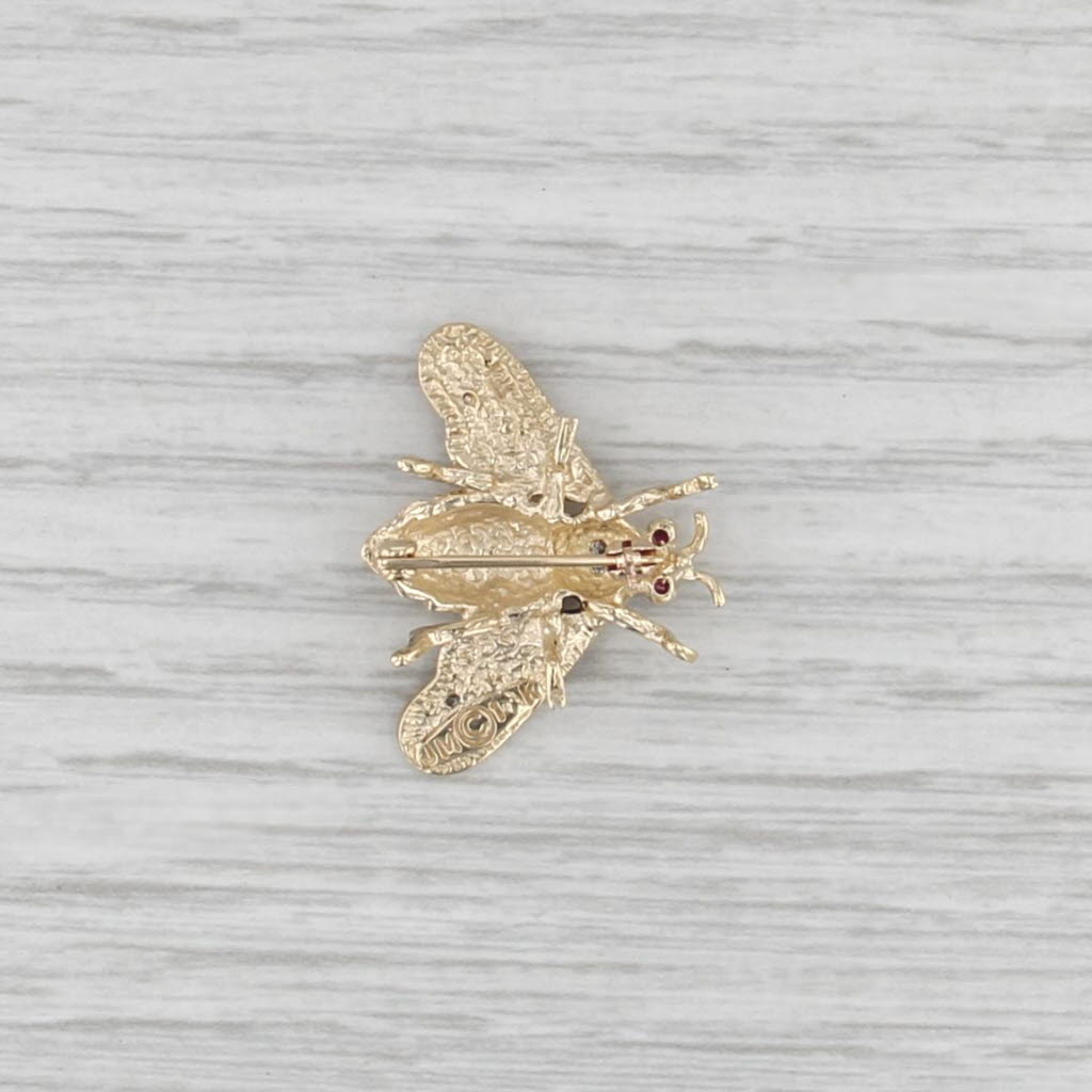 Diamond Ruby Bee Pin 10k Yellwo White Gold Bug Brooch Vintage Insect Jewelry