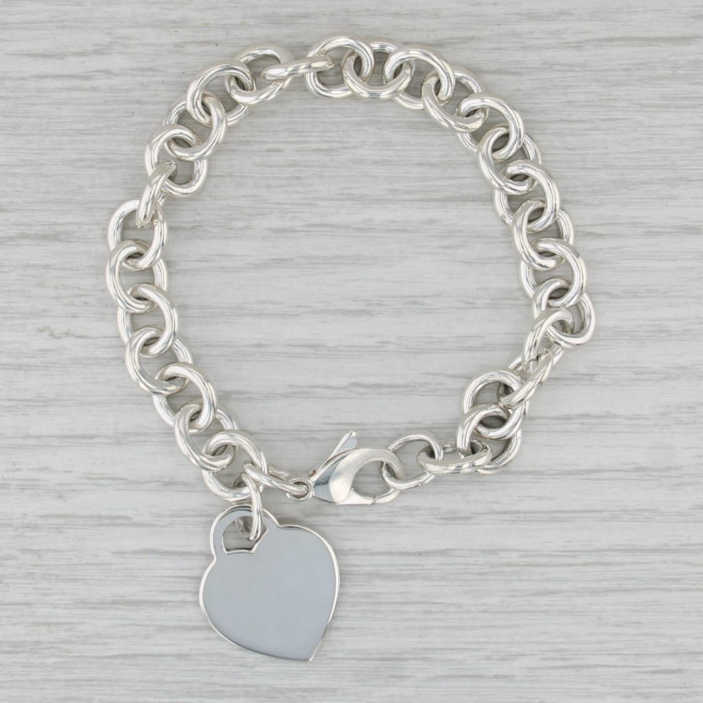 Tiffany ID Heart Return Tag Charm Bracelet w/ Box Pouch Sterling Silver 7.5"