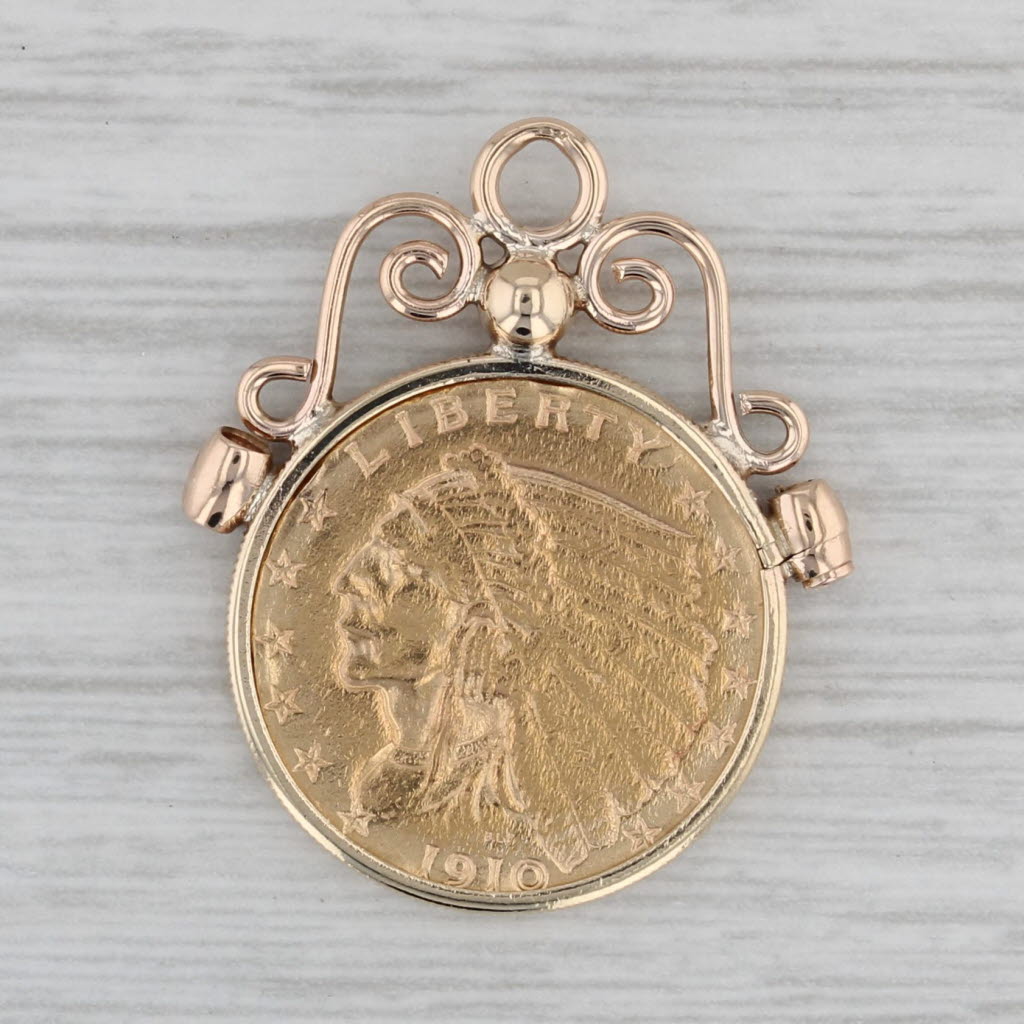 Gray Authentic 1910 2.50 Indian Head Coin Pendant 10k Gold Bezel 900 Gold Coin