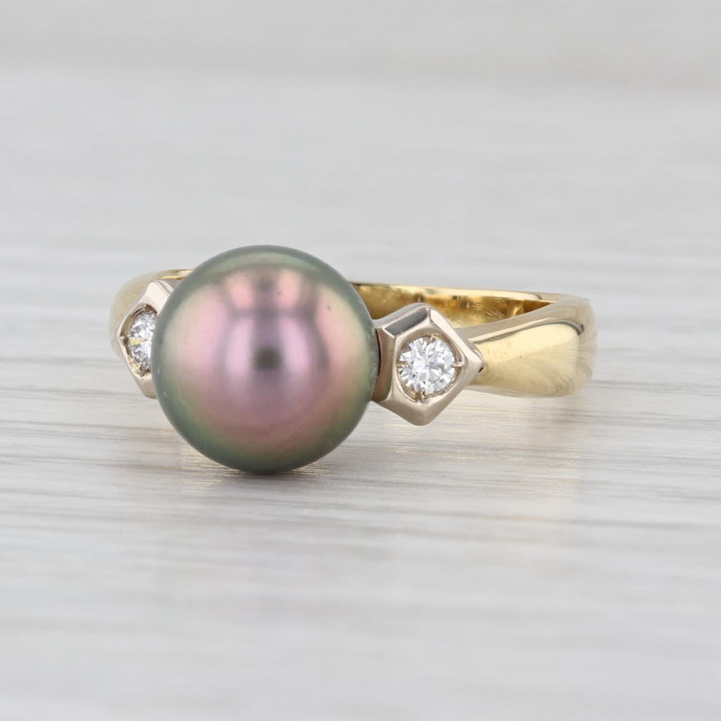 Black Cultured Pearl Diamond Ring 18k Yellow White Gold Size 6