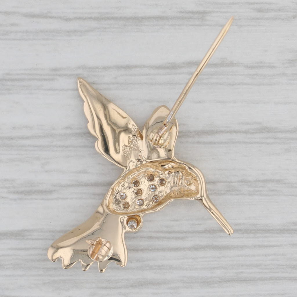 Gray Diamond Hummingbird Pin 14k Yellow Gold