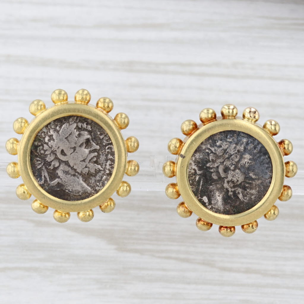Light Gray Elizabeth Locke Silver Ancient Coin Stud Earrings 18k Yellow Gold Statement