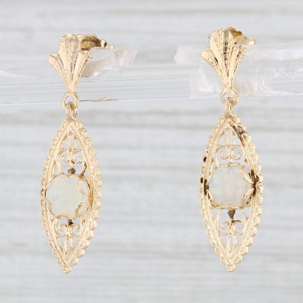 Light Gray Opal Filigree Dangle Earrings 14k Yellow Gold Pierced Drops