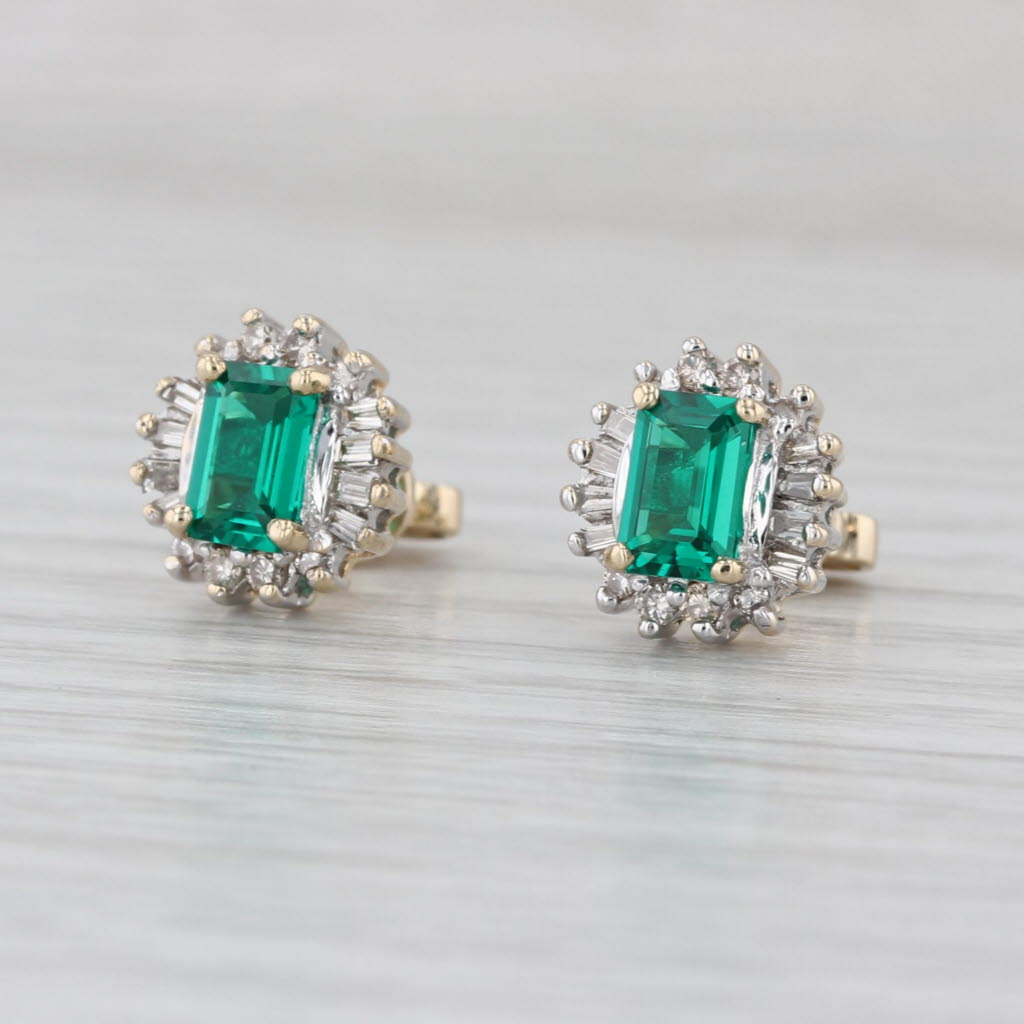 1.15ctw Lab Created Emerald Diamond Halo Stud Earrings 14k Yellow Gold