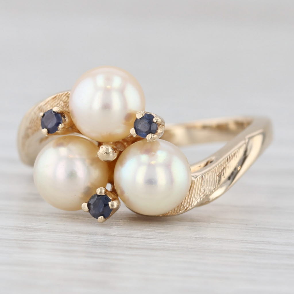 Light Gray Cultured Pearl Blue Sapphire Bypass Ring 14k Yellow Gold Size 6.25