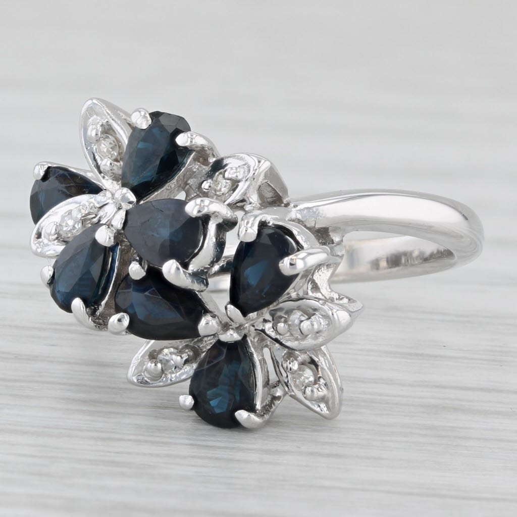 Light Gray 1.748ctw Blue Sapphire Diamond Cluster Flower Bypass Ring 14k White Gold Sz 6.25