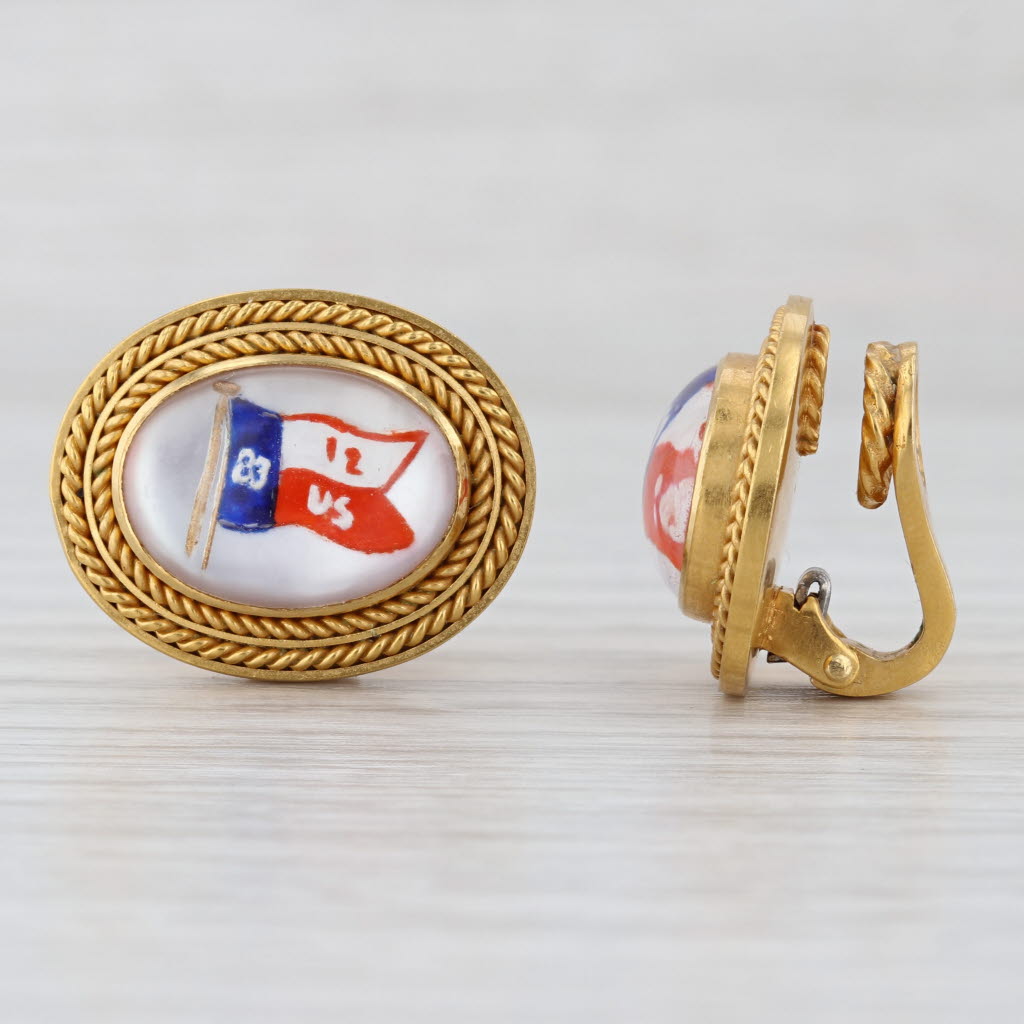 1983 New York Yacht Club Nautical Crossed Burgees Flags Earrings 18k Gold Essex