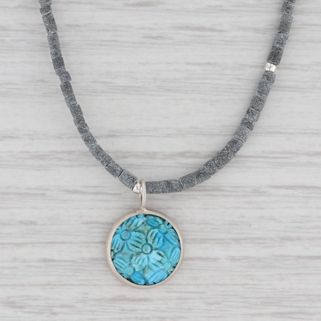 New Nina Wynn Flower Turquoise Pendant Coral Bead Necklace Sterling Silver