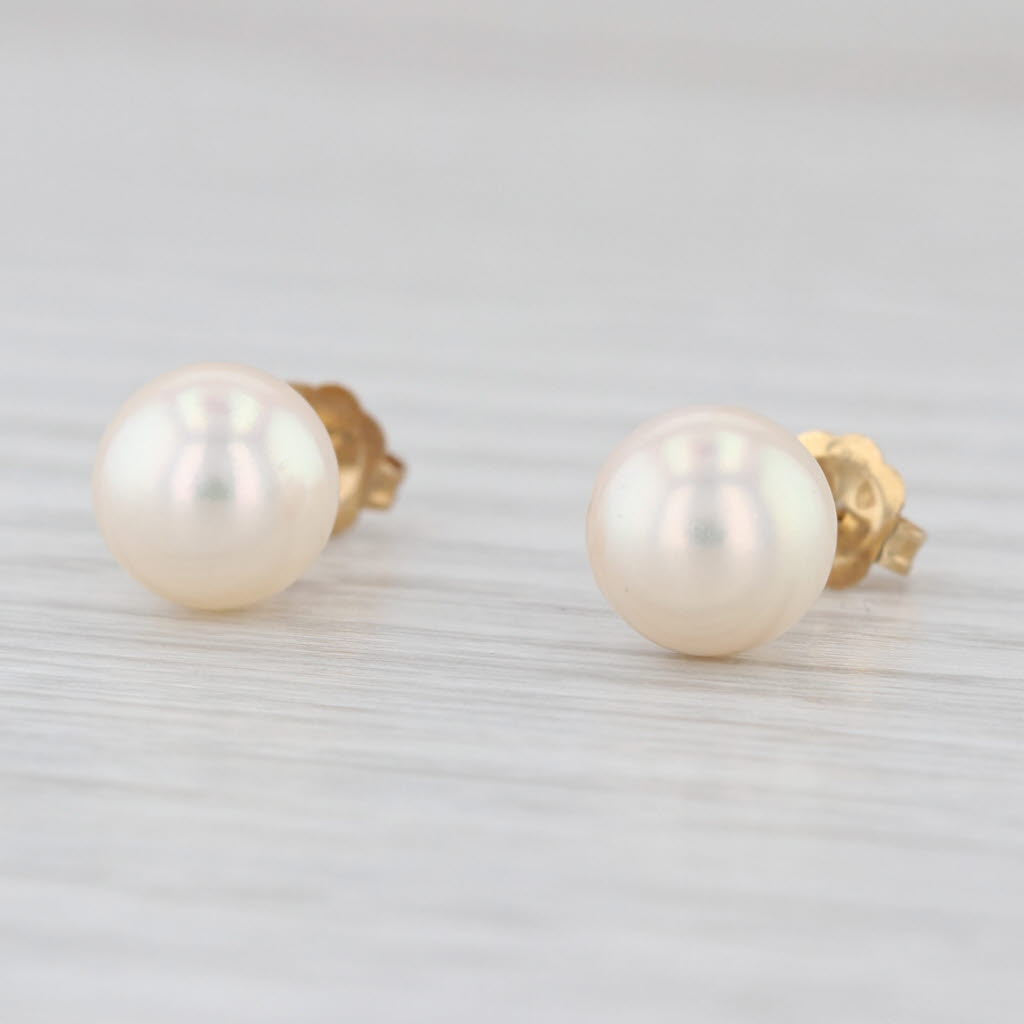 7.3mm Cultured Pearl Stud Earrings 14k Yellow Gold Round Solitaire Studs