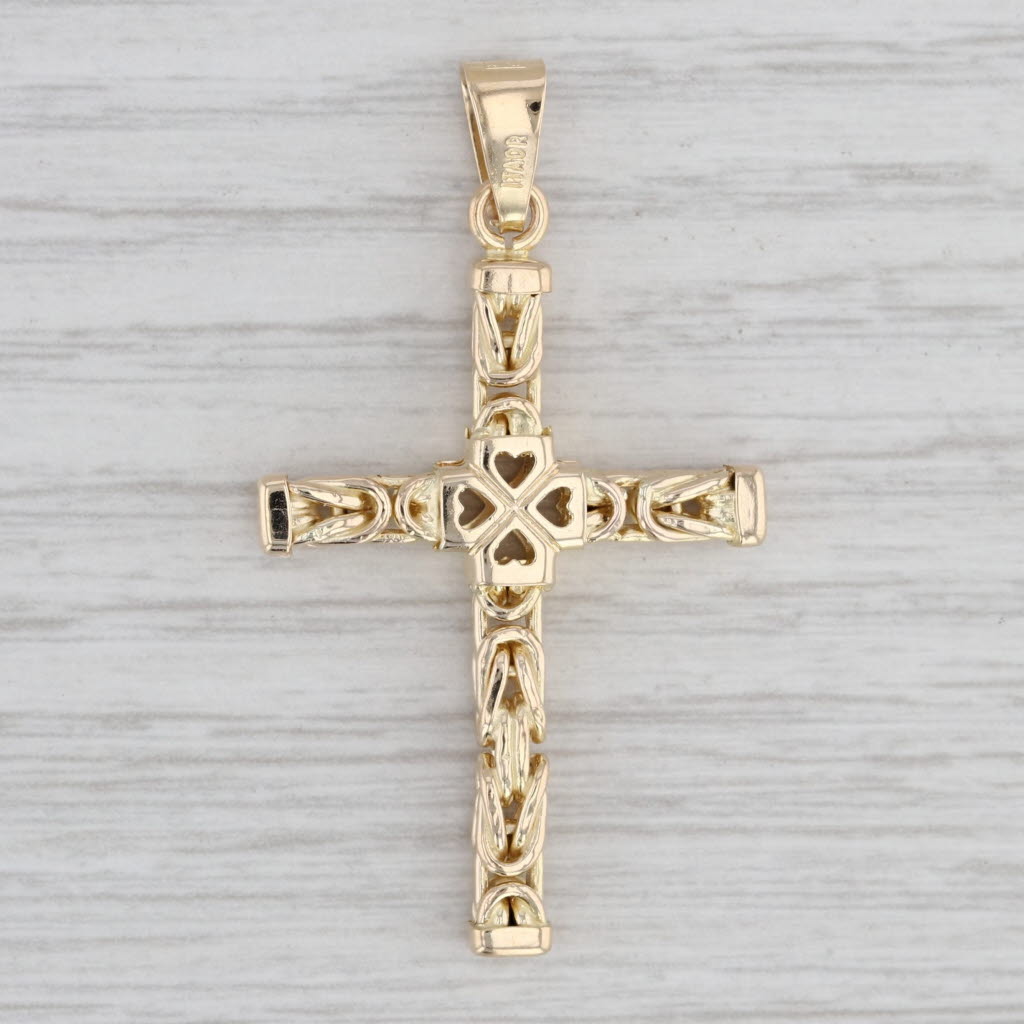 Gray Cross Pendant 14k Yellow Gold Heart Byzantine Chain Design Italian