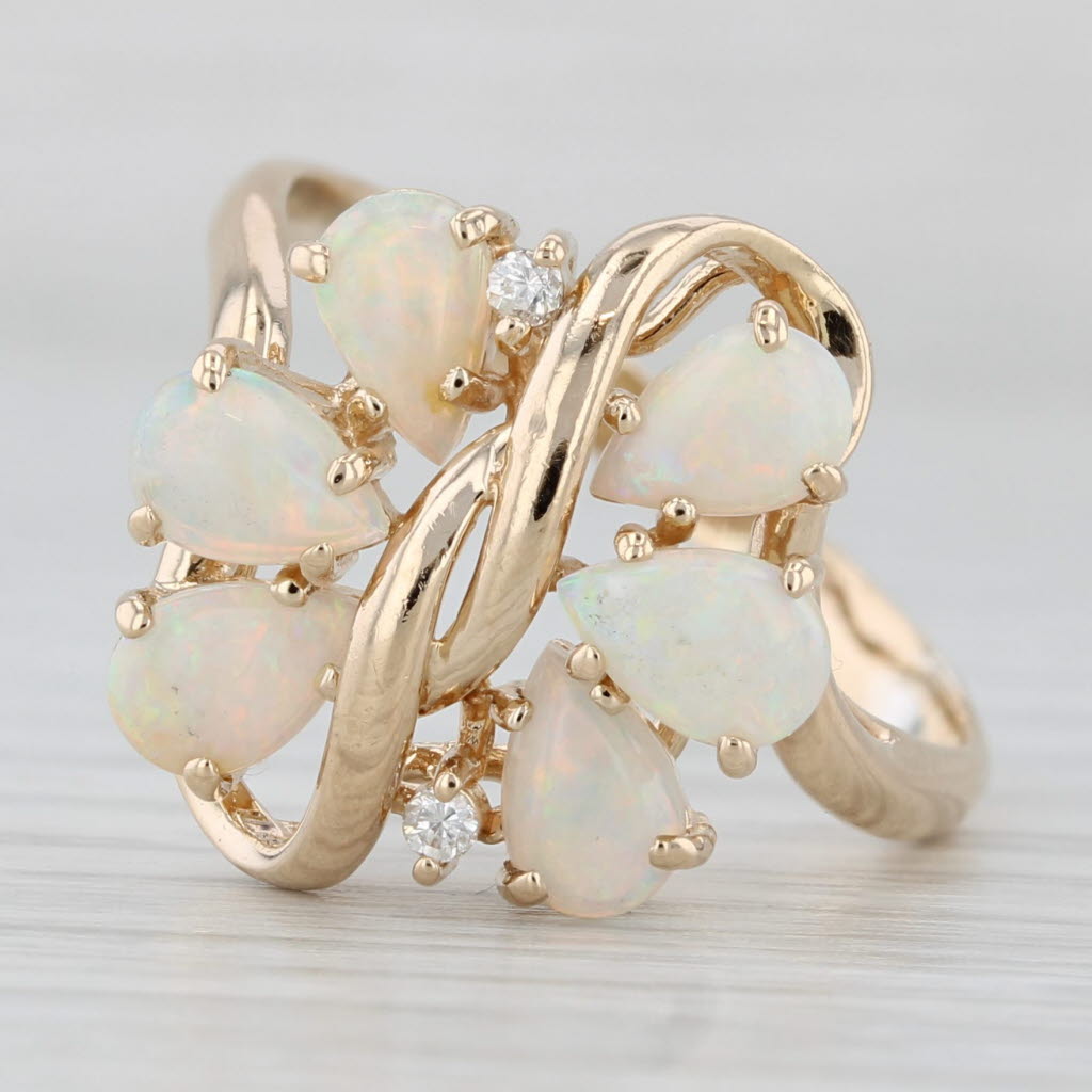 Light Gray Opal Diamond Cluster Ring 14k Yellow Gold Size 10 Pear Cabochons