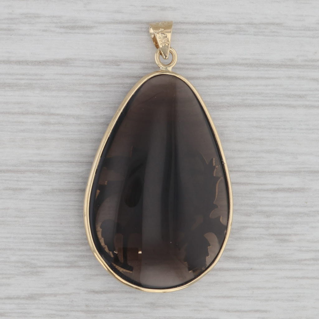 Gray Smoky Quartz Floral Crane Teardrop Pendant 14k Yellow Gold Pear Cabochon