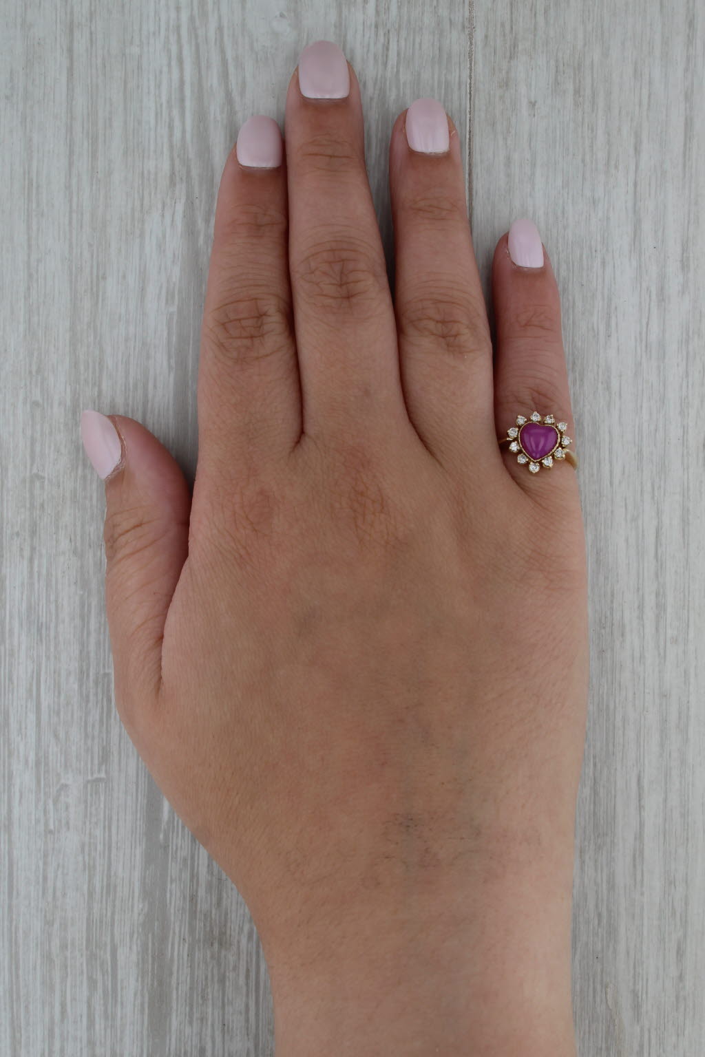 Lab Created Star Ruby Heart Cabochon Diamond Halo Ring 13k Yellow Gold Size 4.5