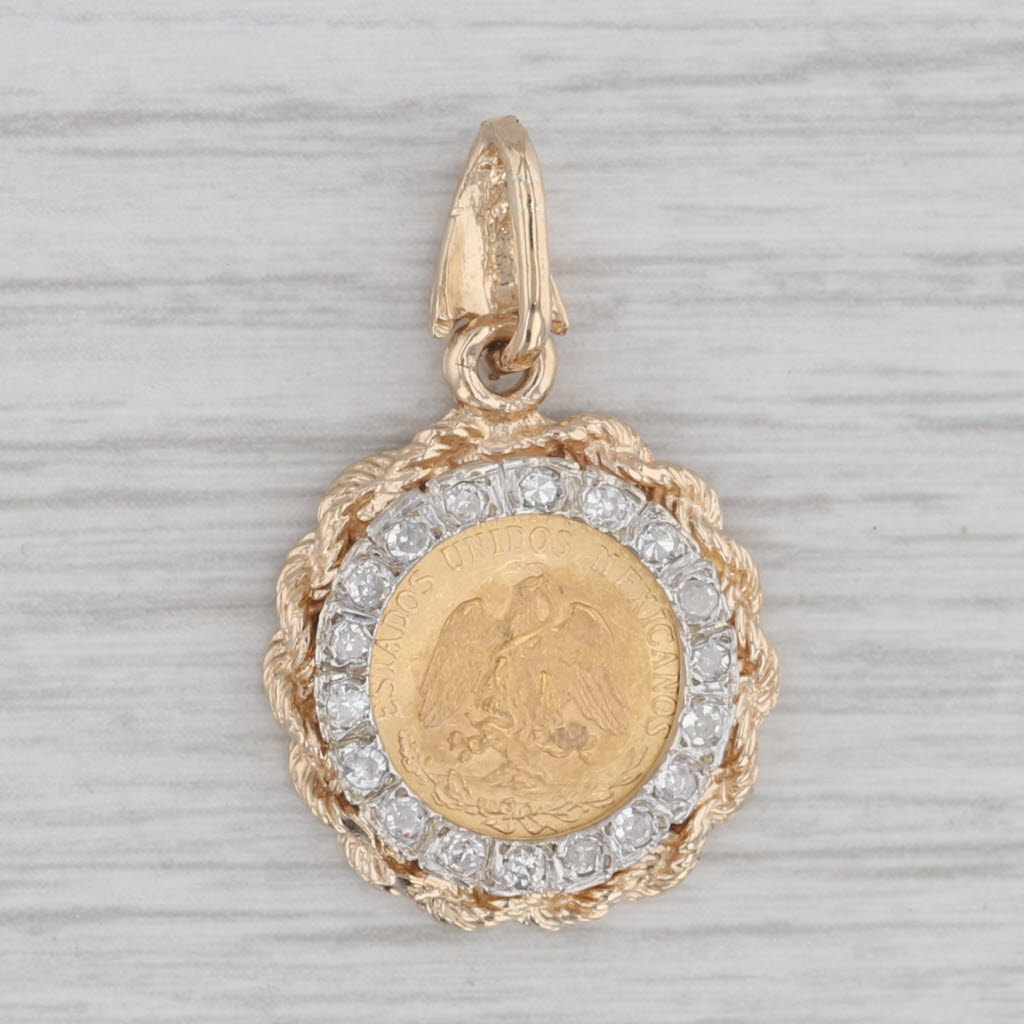 Gray 0.18ctw Diamond Bezel 1945 Dos Pesos Mexican Coin Pendant 14k 900 Gold