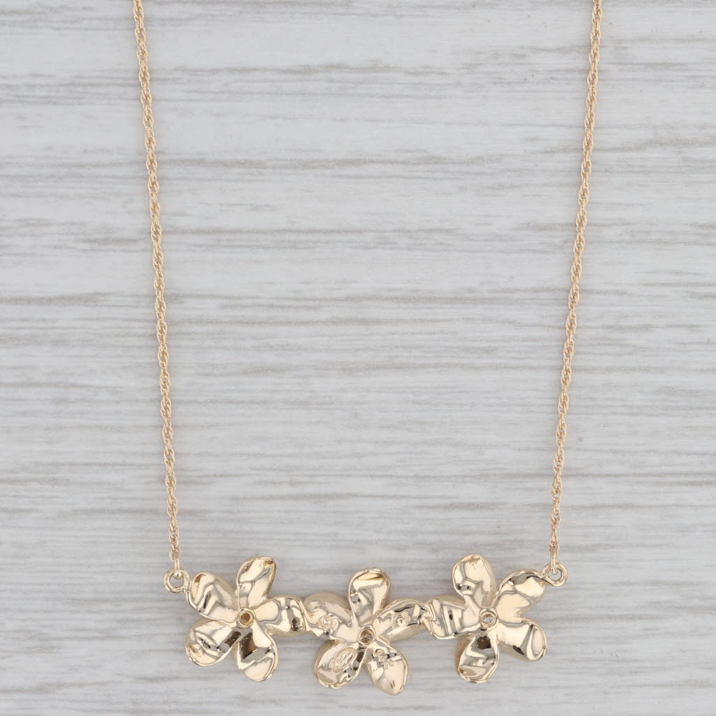 Gray Diamond Plumeria Flower Pendant Necklace 14k Yellow Gold Rope Chain 17.25"