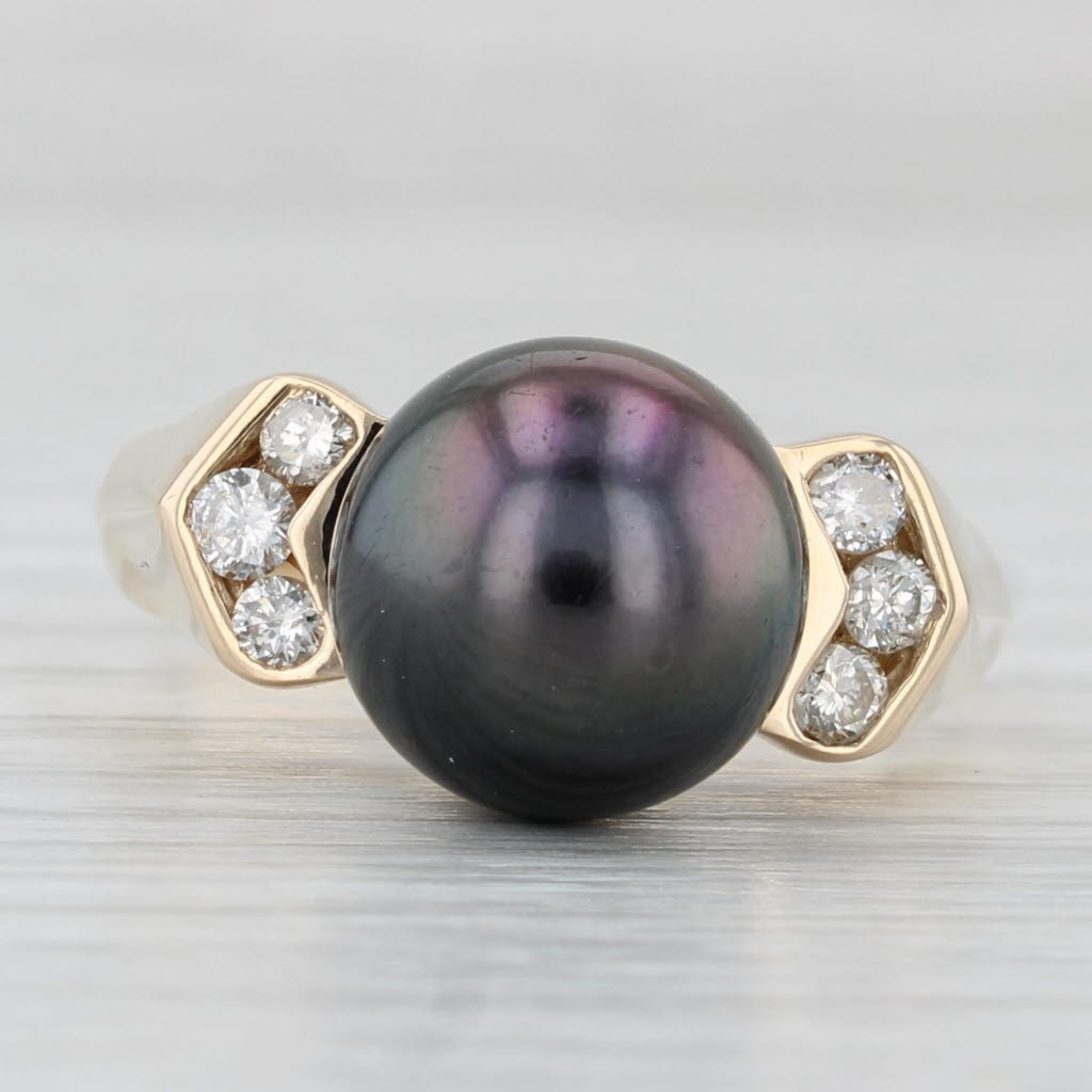 Light Gray Black Cultured Pearl 0.27ctw Diamond Ring 14k Yellow Gold Size 9