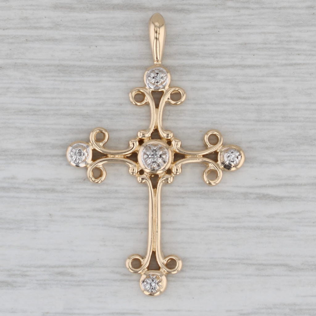 Gray Ornate Diamond Cross Pendant 14k Yellow White Gold