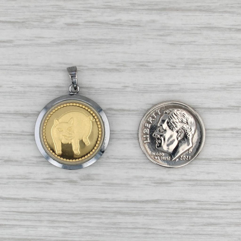 Chinese Calligraphy Pig Coin Pendant Charm 24k Gold Filled Mixed Metal Bezel
