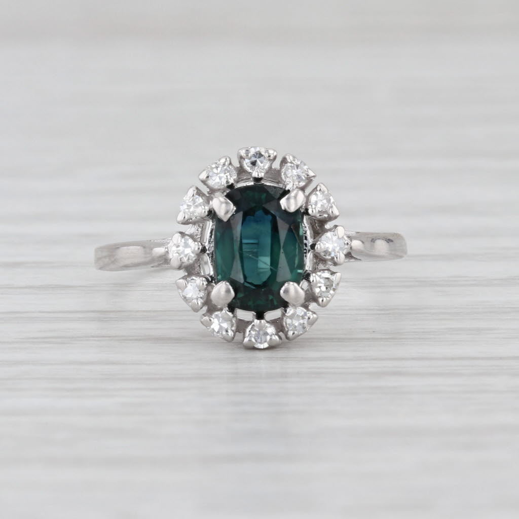 0.93ctw Oval Blue Sapphire Diamond Halo Ring 14k White Gold Size 6.5