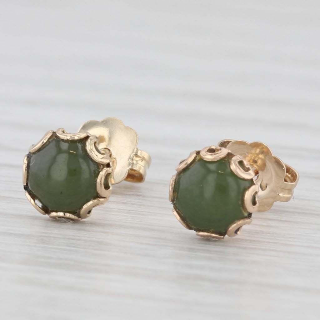 Light Gray Green Nephrite Jade Stud Earrings 14k Yellow Gold Round Cabochon Solitaires