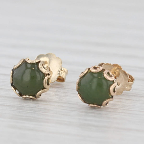 Green Nephrite Jade Stud Earrings 14k Yellow Gold Round Cabochon Solitaires