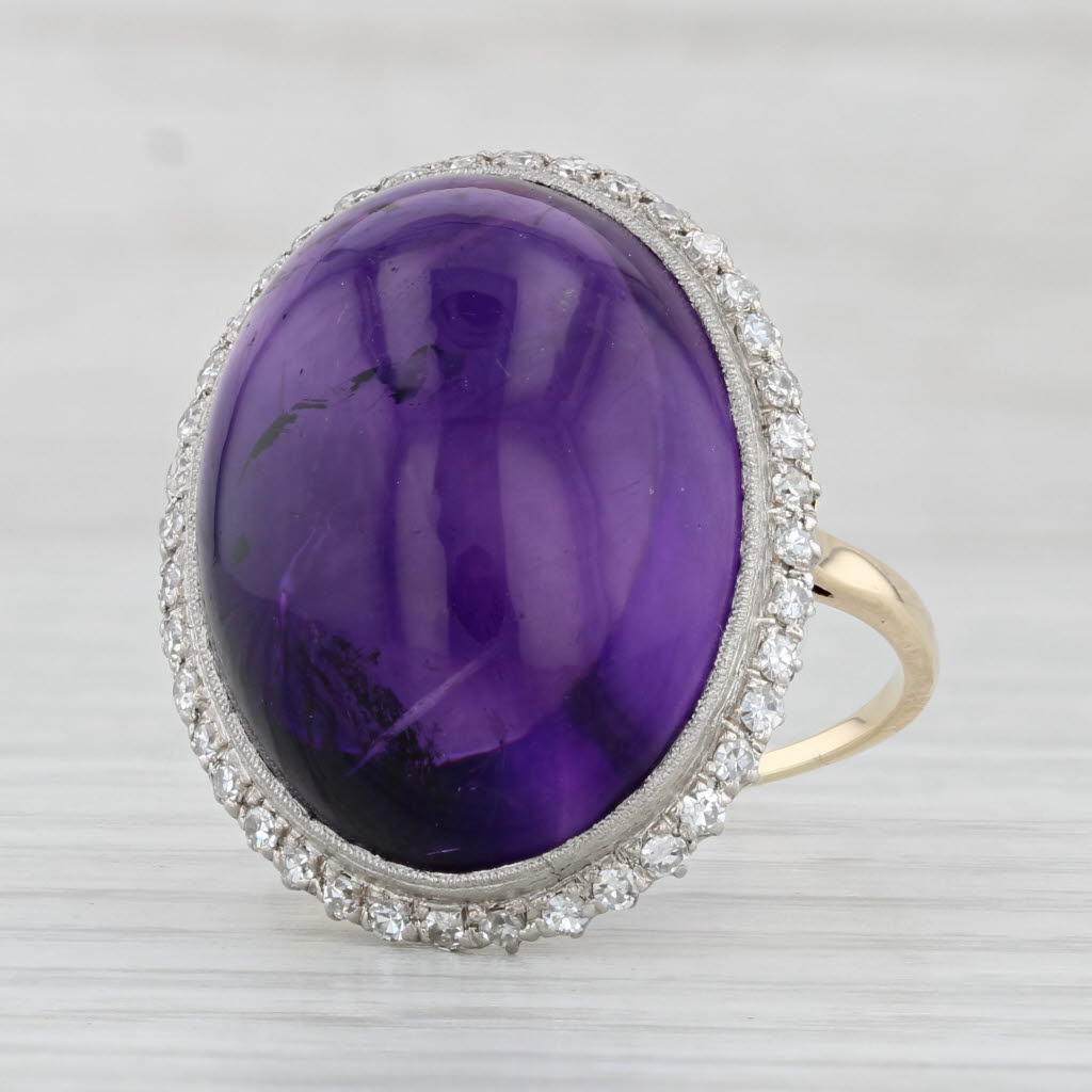 Light Gray Vintage Amethyst Cabochon Diamond Halo Cocktail Ring 14k Yellow Gold Platinum