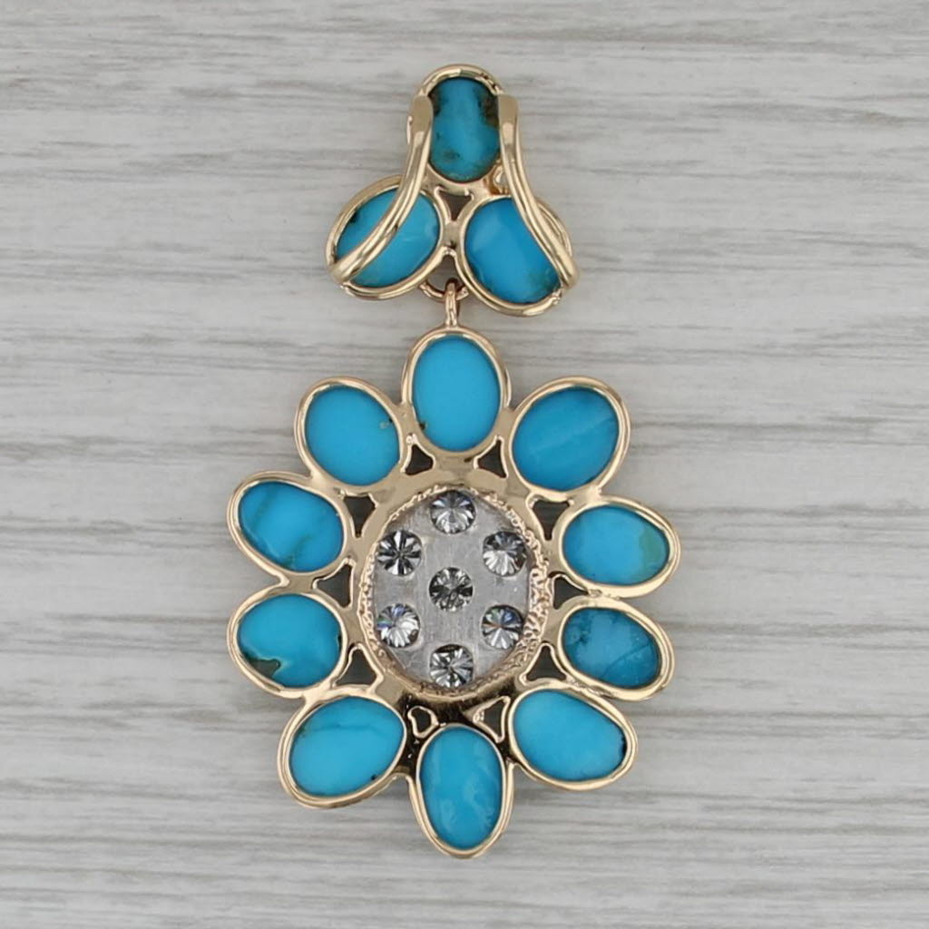 Custom Turquoise 1.28ctw Diamond Flower Pendant 14k 10k Gold Statement Drop