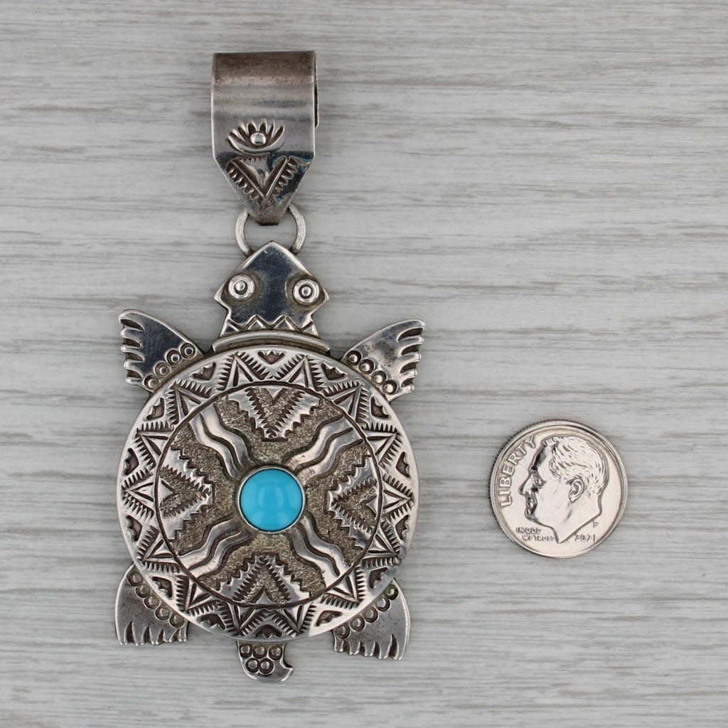 A Mariano Tribal Turtle Pendant Sterling Silver Turquoise Navajo Native American
