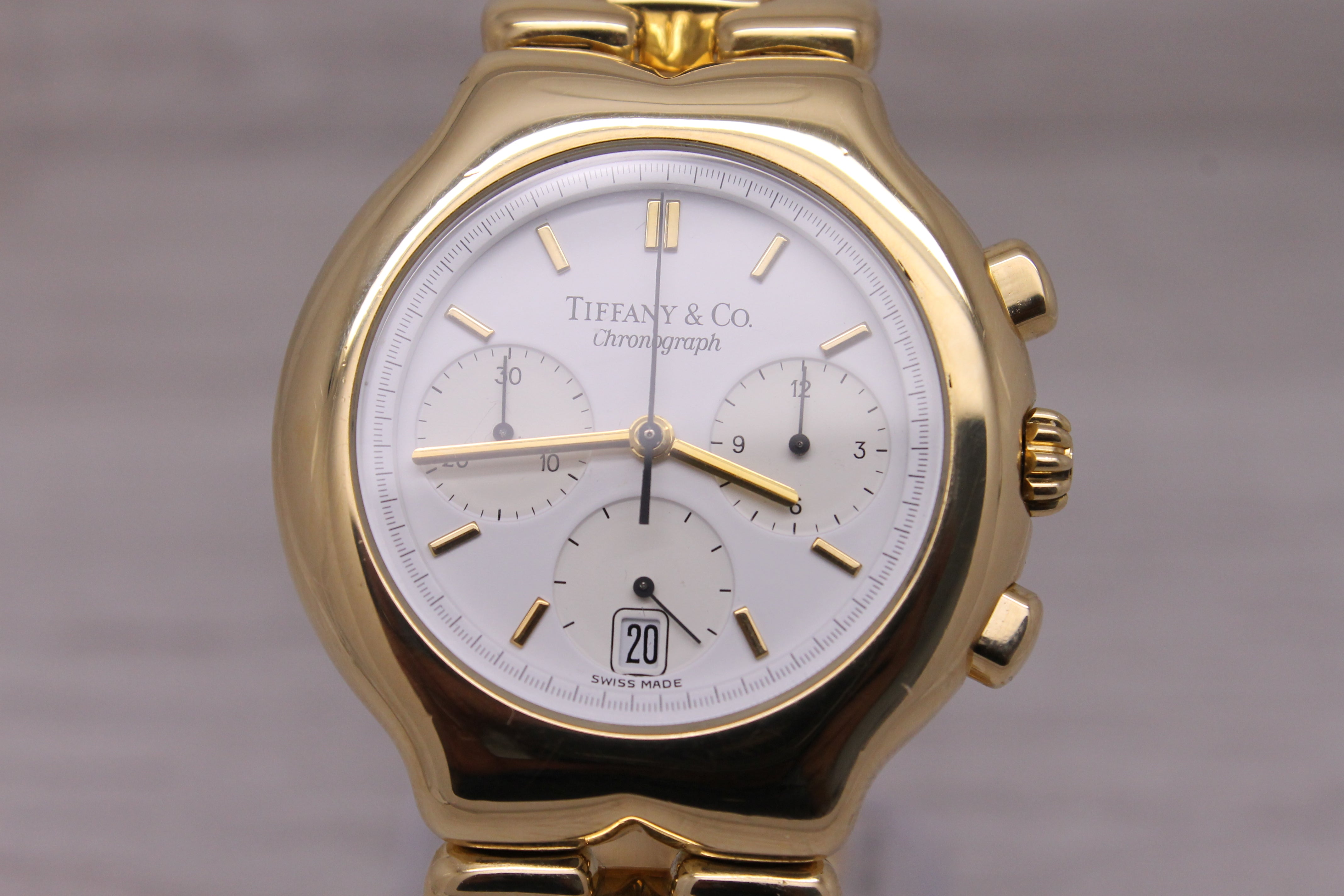 Light Slate Gray Tiffany & Co Tesoro Mens 18k Yellow Gold Heavy Quartz Chronograph Watch w/ Box