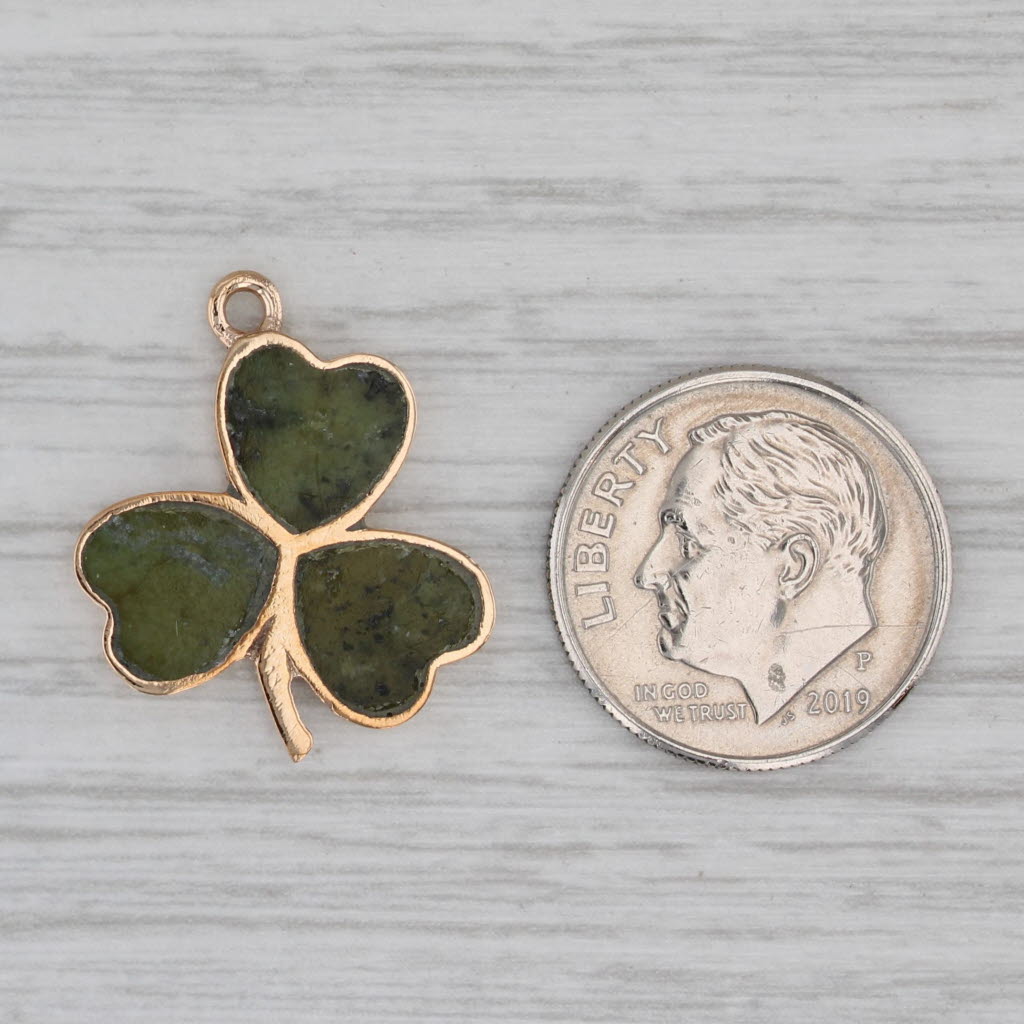 Gray Vintage Irish Shamrock Clover Pendant 9k Yellow Gold Green Serpentine Charm